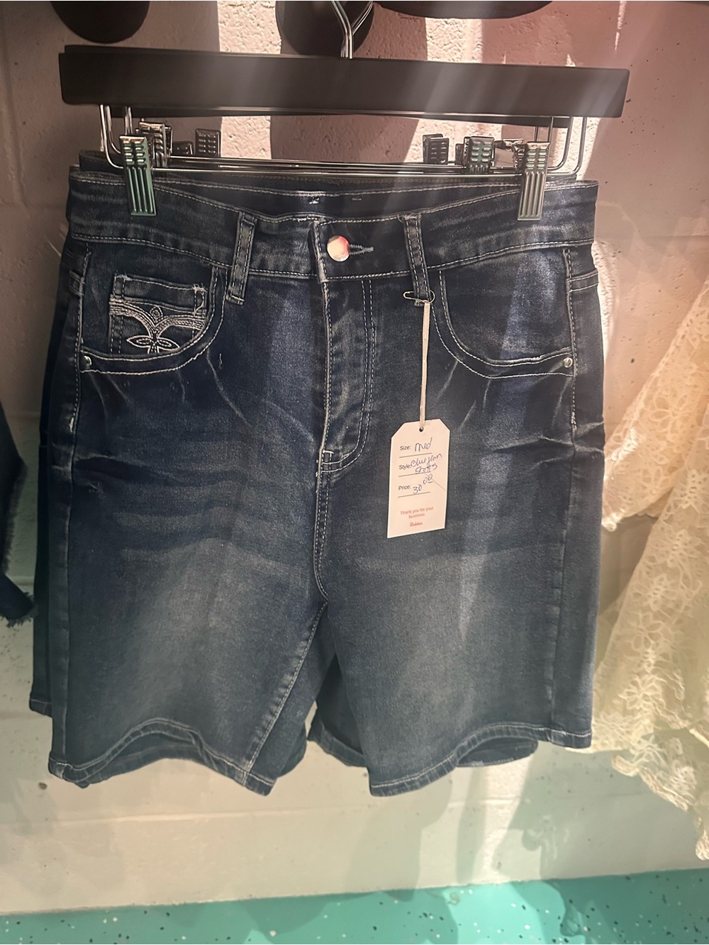 Dark Wash Denim Shorts with Embroidered Pocket Detail